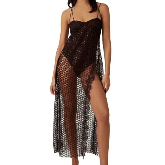 Free People Smoke & Mirrors Bodysuit Lace Cover Chocolate Maxi Dress Small - Picture 5 of 7